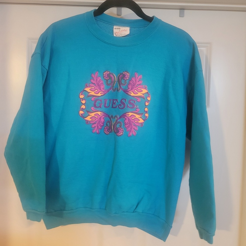 Vintage 90s Guess Knitwear Crewneck Turquoise Sweatshirt Made in USA One Size